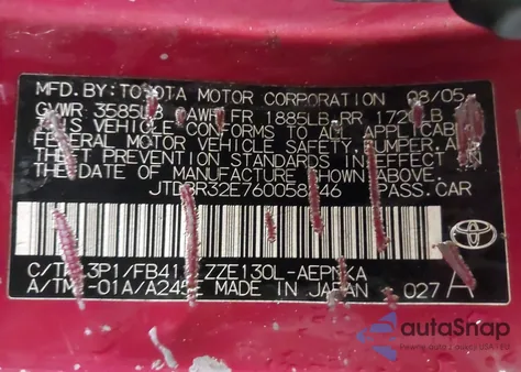 2006 Toyota Corolla Le z USA, uszkodzony, nr VIN JTDBR32E760058446